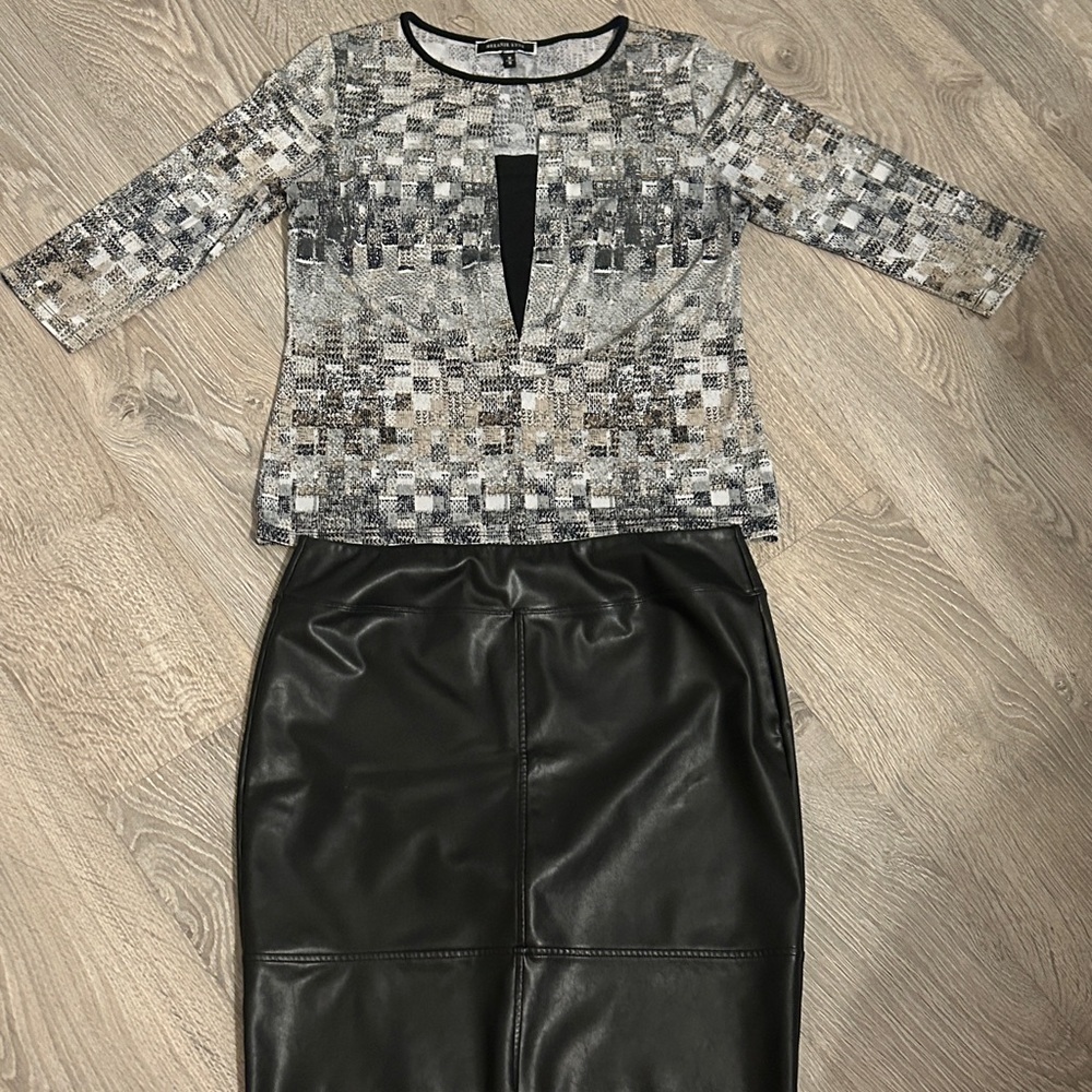 Melanie Lyne 3 piece Elegant Black vegan skirt & blouse + free dress see pics